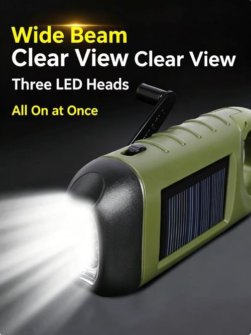 Hand-cranked flashlight, solar-powered rechargeable, super-bright emergency outdoor portable compact handheld lamp for home use.