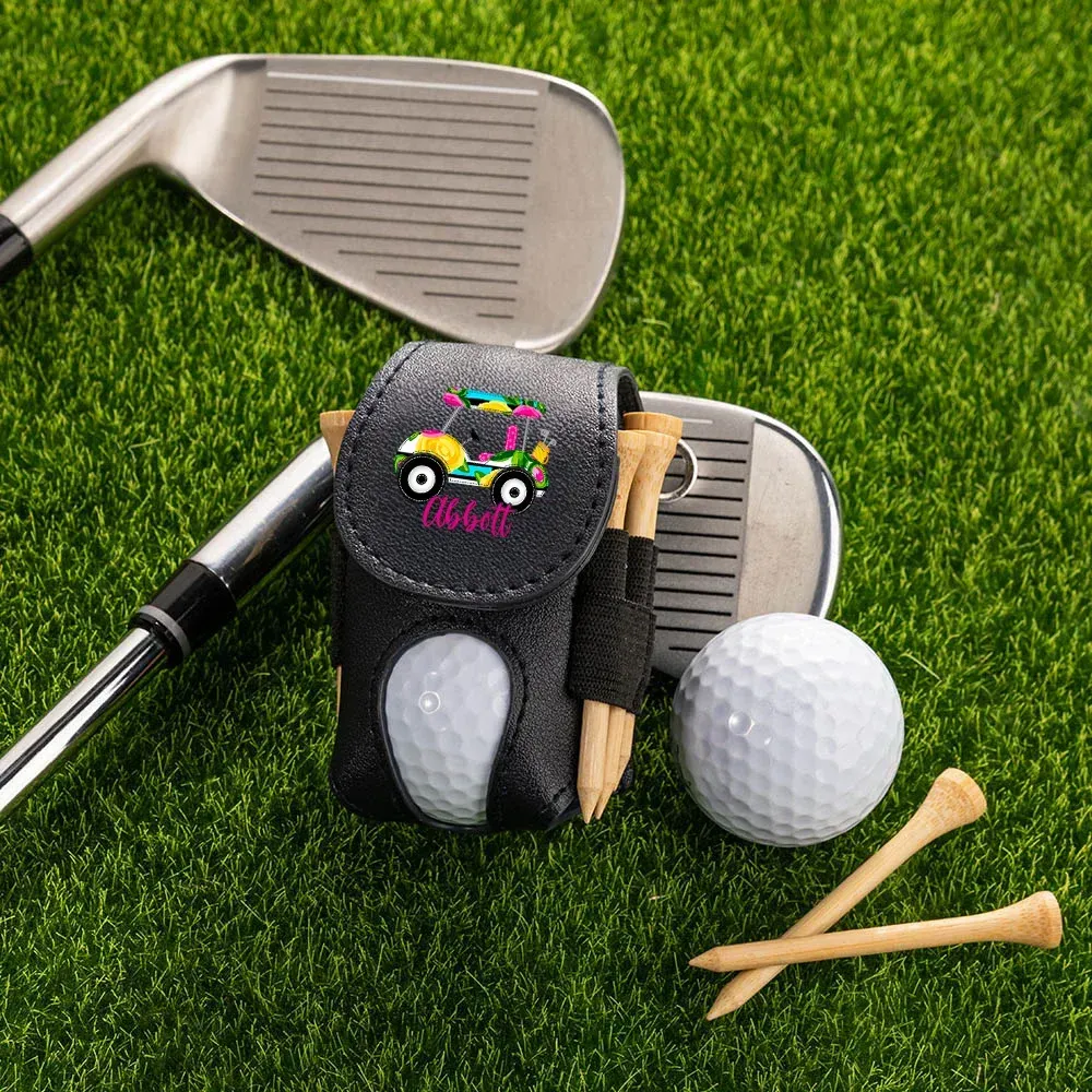 Personligt design til farverig golfvogn med golfbold- og tee-overtræk, navn og bælteclips, sportstilbehør og en perfekt fødselsdagsgave til golfspillere.