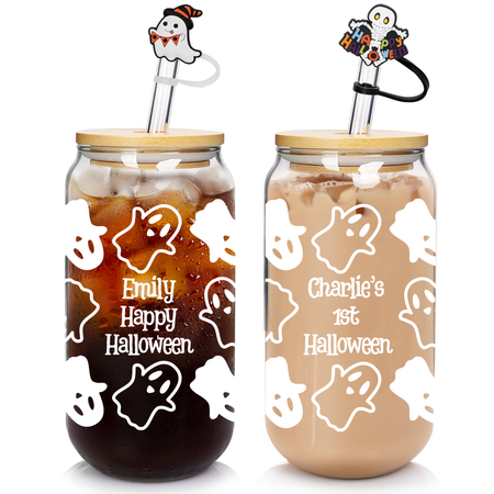 Personalisierte Halloween-Becher, Glasbecher, Boo Korbfüller, Geisterdekoration, Glasbecher, Becher, 530 ml, Halloween-Geschenke für Freund, Sohn, Tochter