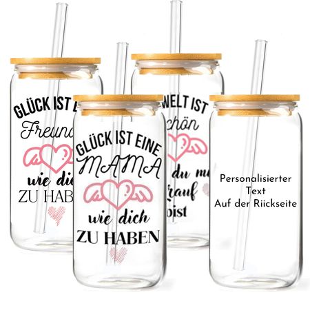 Personalisiertes Glas mit Deckel & Strohhalm, 530 ml, Geschenk für Frauen, Mama, Freundin, Muttertag, Valentinstag