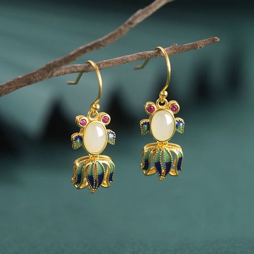 Goforrich 925 Sterling Silver Hetian White Jade Red Agate Cute Fish Happiness Drop Earrings