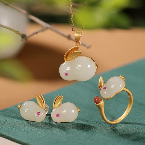 Goforrich 925 Sterling Silver Year of the Rabbit Hetian Jade Luck Ring Earrings Necklace Pendant