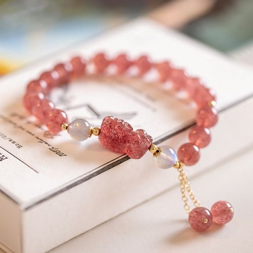 Goforrich Natural Strawberry Quartz Moonstone PiXiu Love Healing Bracelet