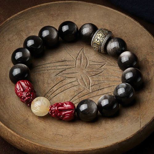 Goforrich Gold Sheen Obsidian PiXiu Cinnabar Om Mani Padme Hum Protection Bracelet