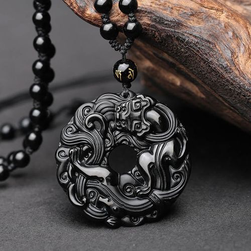 Goforrich Natural Black Obsidian Peace Buckle Pixiu Purification Necklace Pendant