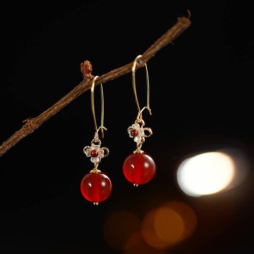 Goforrich 925 Sterling Silver Red Agate Flower Beaded Confidence Earrings