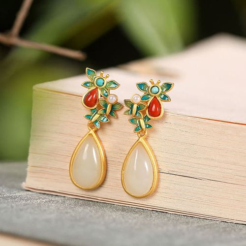 Goforrich Water Drop White Jade Red Agate Butterfly Protection Drop Dangle Earrings