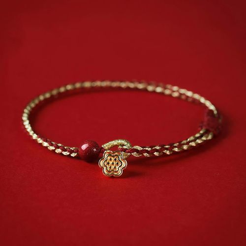 Buddha Stones Handmade 925 Sterling Silver Lotus Cinnabar Gold Bead Blessing Braid Bracelet