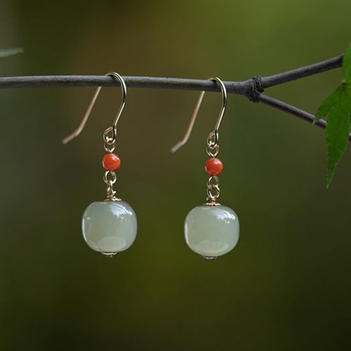 Goforrich 925 Sterling Silver 14K Gold Plated Hetian Jade Red Agate Luck Drop Dangle Earrings