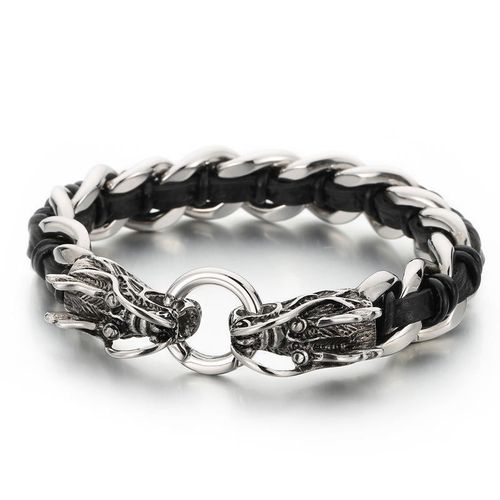 Buddha Stones Dragon Leather Titanium Steel Protection Luck Braided Bracelet