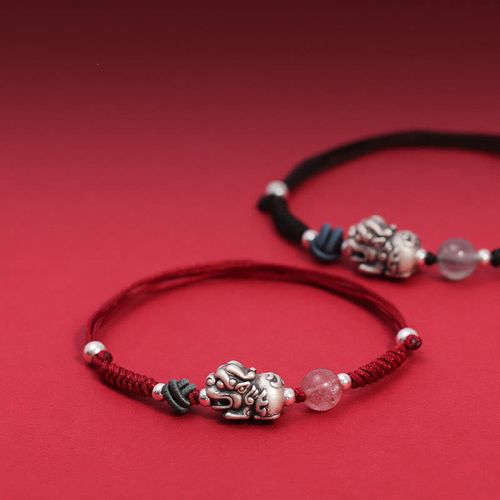 Goforrich 999 Sterling Silver PiXiu Strawberry Quartz Bead Wealth Luck Braided Bracelet