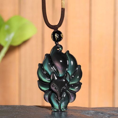 Buddha Stones Natural Rainbow Obsidian Gold Sheen Obsidian Nine Tailed Fox Positive Necklace Pendant