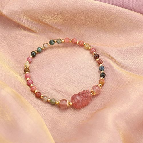 Goforrich Natural Tourmaline Garnet Strawberry Quartz PiXiu Moonstone Protection Bracelet