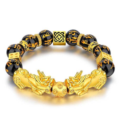 Goforrich FengShui Double PiXiu Obsidian Om Mani Padme Hum Wealth Bracelet