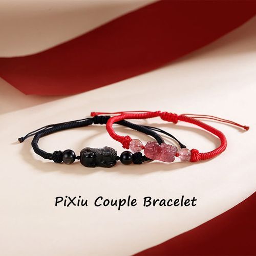 Goforrich Handmade Natural Silver Sheen Obsidian Strawberry Quartz PiXiu Protection Braided Bracelet