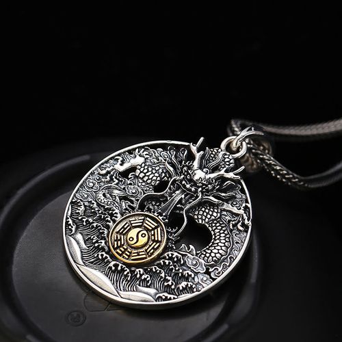 Buddha Stones Dragon Waves Yin Yang Bagua Luck Strength Necklace Pendant