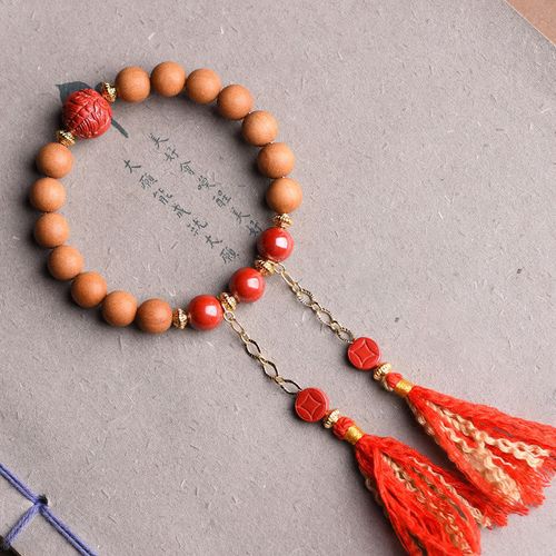 Goforrich Tibetan Natural Peach Wood Cinnabar PiXiu Wealth Tassels Bracelet