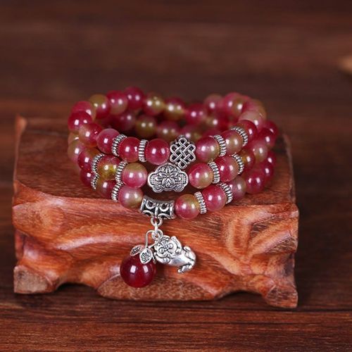 Goforrich Natural Watermelon Tourmaline PiXiu Elephant Positive Triple Wrap Bracelet