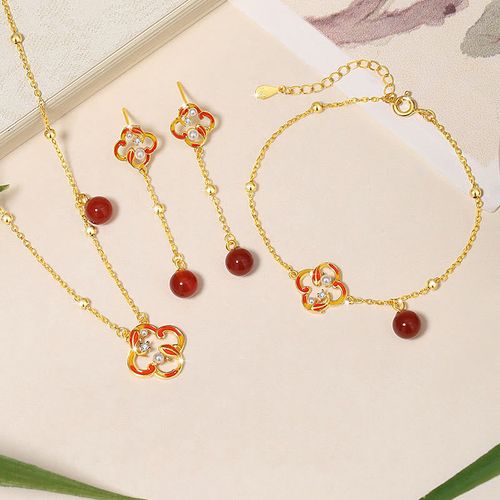 Goforrich 925 Sterling Silver Four Leaf Clover Koi Fish Red Agate Pearl Wealth Bracelet Necklace Pendant Earrings Set