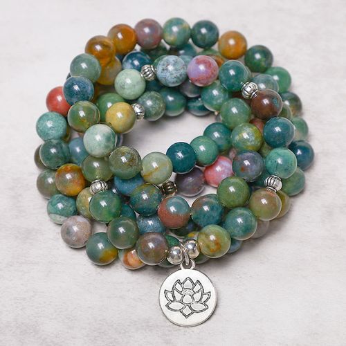 Buddha Stones 108 Mala Beads Indian Agate Lotus OM Buddha Tree of life Positive Calm Bracelet