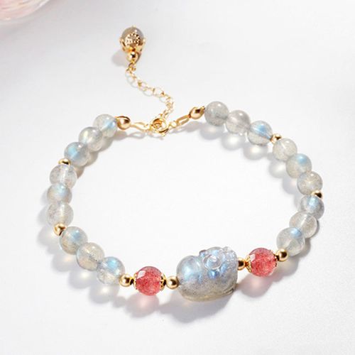 Goforrich Moonstone Strawberry Quartz PiXiu Healing Bracelet