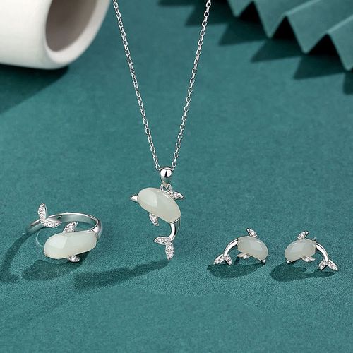 Goforrich 925 Sterling Silver Cute Dolphin Hetian Jade Red Agate Luck Necklace Pendant Ring Earrings Set