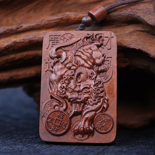 Goforrich Natural Lightning Struck Jujube Wood PiXiu Copper Coin Good Fortune Necklace Pendant