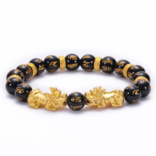 Goforrich Black Obsidian Black Onyx Golden Alloy Two PiXiu Om Mani Padme Hum Strength Bracelet