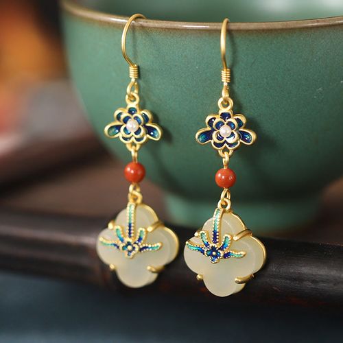 Goforrich Lucky Four Leaf Clover Jade Abundance Copper Earrings