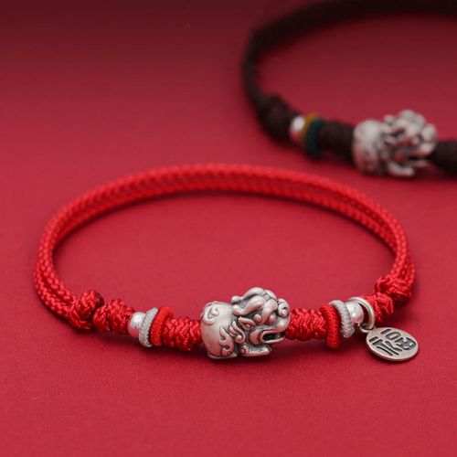 Goforrich 925 Sterling Silver PiXiu Fu Character Wealth Luck Handmade Braided Bracelet