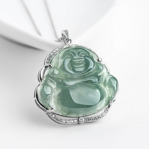 Buddha Stones 925 Sterling Silver Laughing Buddha Natural Jade Luck Necklace Chain Pendant