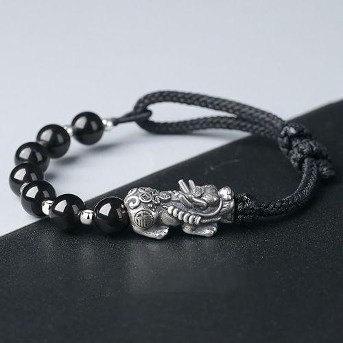 Goforrich 999 Sterling Silver FengShui PiXiu Natural Black Obsidian 925 Sterling Silver Bead Strength Bracelet