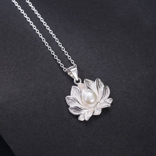 Buddha Stones 925 Sterling Silver Lotus Flower Pearl Wealth Necklace Pendant