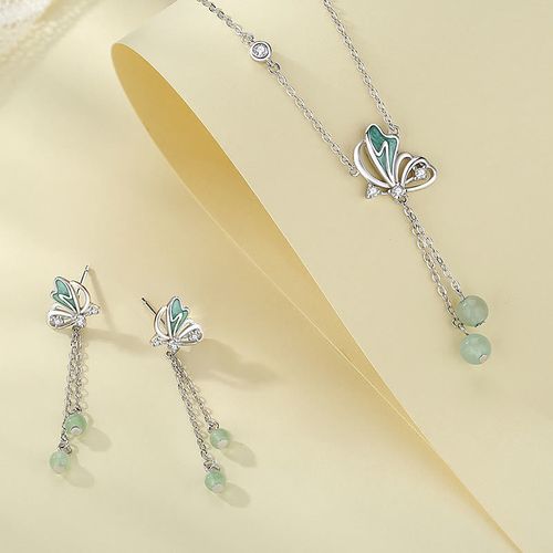 Goforrich 925 Sterling Silver Natural Green Aventurine Butterfly Luck Necklace Pendant Earrings Set