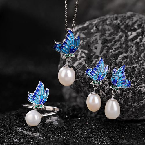 Goforrich 925 Sterling Silver Pearl Butterfly Healing Necklace Pendant Earrings Ring