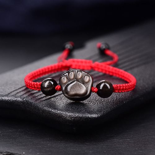 Buddha Stones Natural Silver Sheen Obsidian Gold Sheen Obsidian Cute Cat Paw Claw Protection Rope Bracelet