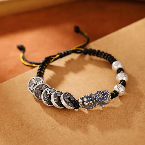 Goforrich 999 Sterling Silver FengShui PiXiu Copper Coin Fu Character Wealth Braided Bracelet