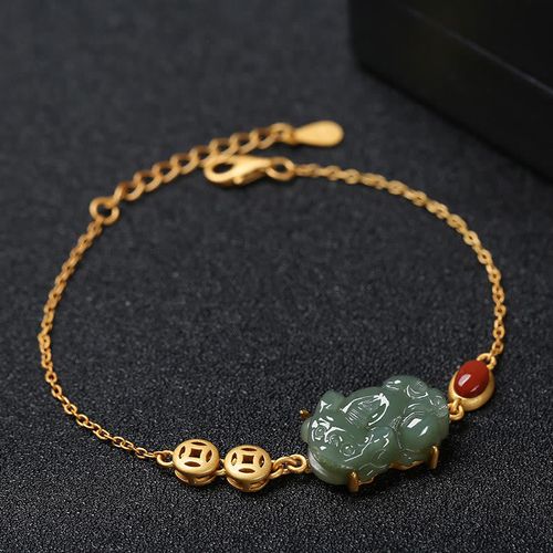 Goforrich Cyan Jade PiXiu Copper Coin Red Agate Success Chain Bracelet