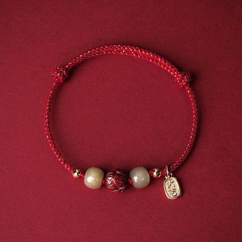 Buddha Stones 14K Gold Plated Hetian Jade Cinnabar Lotus Luck Handcrafted Rope Bracelet