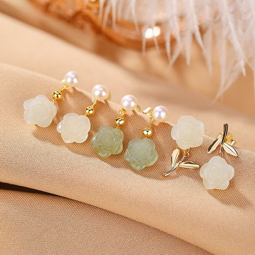 Goforrich 925 Sterling Silver Plated Gold Jade Rose Flower Cyan Jade Pearl Luck Earrings