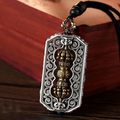 Buddha Stones Tibetan Om Mani Padme Hum Carved Dorje Vajra Rotatable Lotus Pattern Purity Rope Necklace Pendant