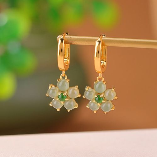 Goforrich 925 Sterling Silver Plated Gold Green Jade Flower Design Luck Prosperity Earrings