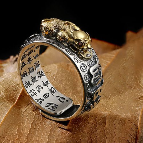 Goforrich Tibetan 990 Sterling Silver Om Mani Padme Hum PiXiu Dorje Vajra Heart Sutra Engraved Wealth Ring