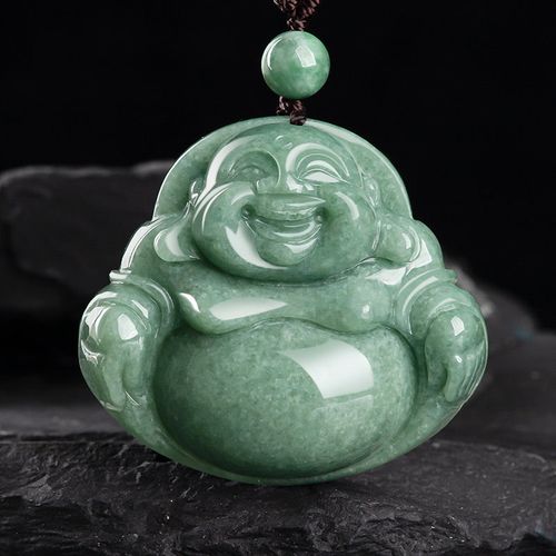 Buddha Stones Laughing Buddha Cyan Jade Harmony Necklace String Bead Pendant