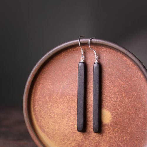 Goforrich 925 Sterling Silver Ebony Wood Texture Balance Peace Drop Dangle Earrings