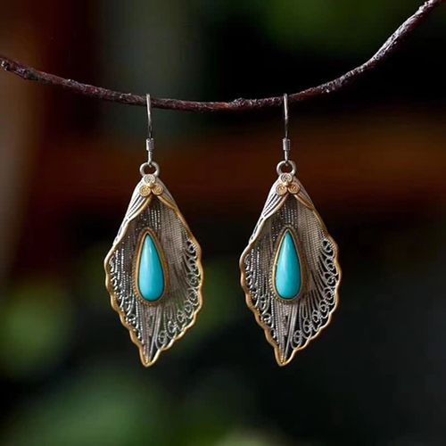 Goforrich 925 Sterling Silver Turquoise Bodhi Leaf Pattern Protection Drop Dangle Earrings