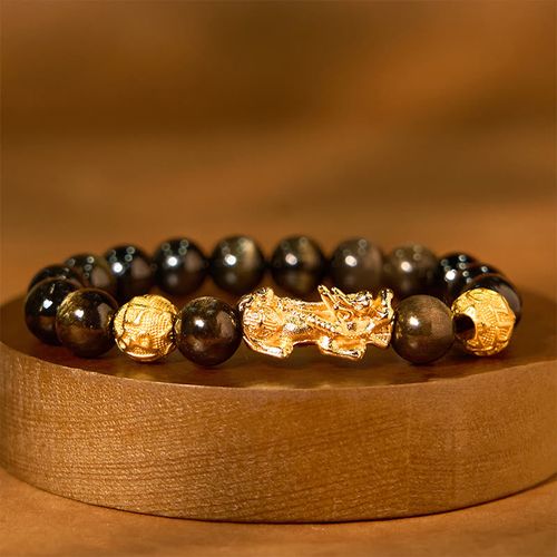 Goforrich Natural Gold Sheen Obsidian PiXiu Om Mani Padme Hum Wealth Bracelet