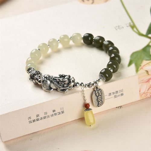 Goforrich 925 Sterling Silver Natural Hetian Jade Amber PiXiu Luck Bracelet