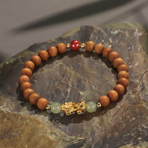 Goforrich 999 Sterling Silver Sandalwood Ebony Wood Small Leaf Red Sandalwood Hetian Jade Cinnabar PiXiu Wealth Bracelet