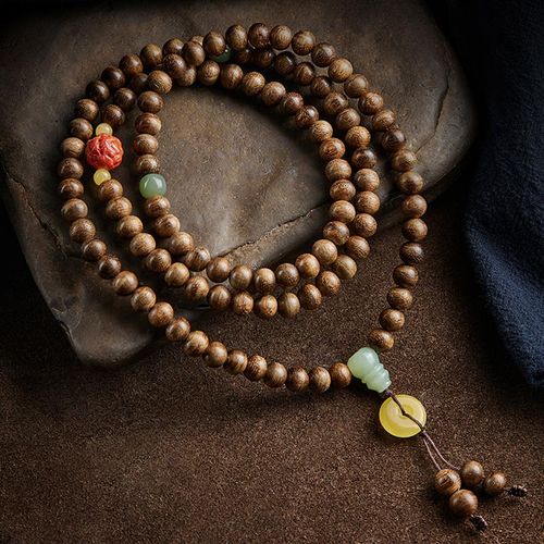 Goforrich 108 Mala Beads Kalimantan Agarwood Gourd Jade Amber Balance Bracelet